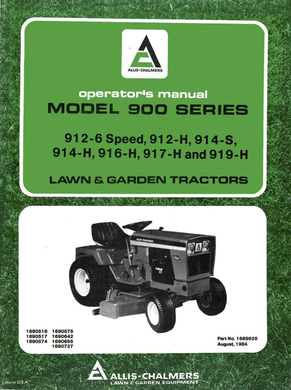 Allis Chalmers Model 900 Series Lawn & Garden Tractors - Operator's Manual - Ag Manuals