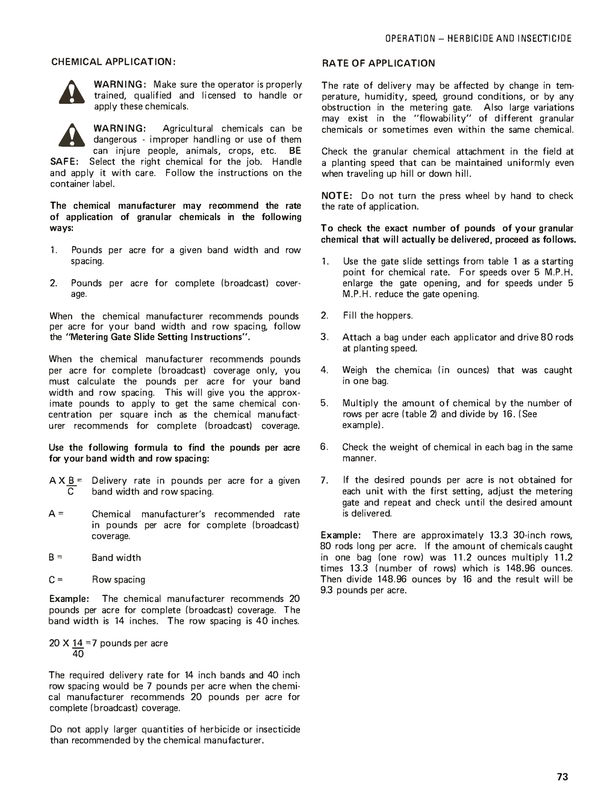 Allis Chalmers Planter Technical manual page on herbicide and insecticide application with text and formulas.