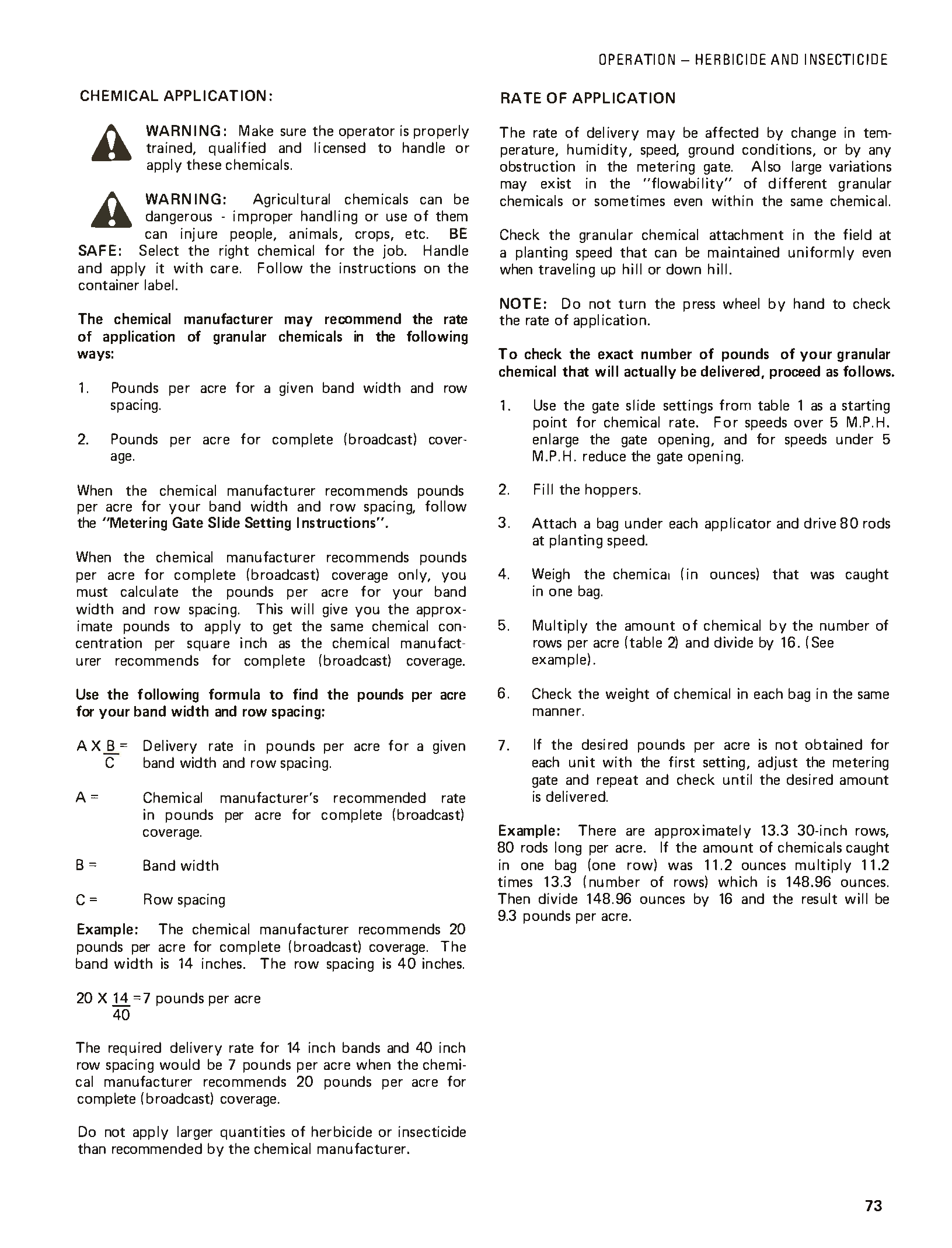 Allis Chalmers Planter Technical manual page on herbicide and insecticide application with text and formulas.
