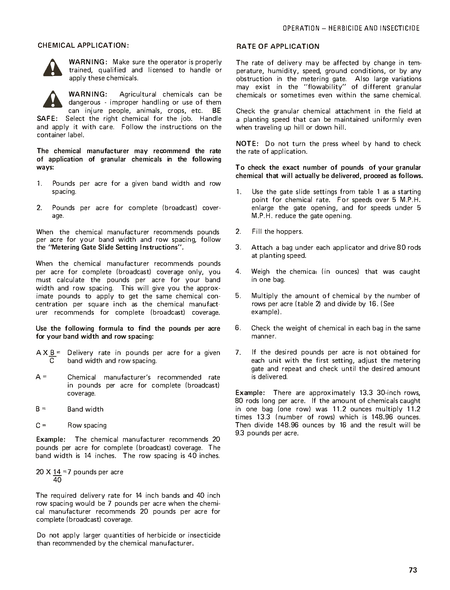 Allis Chalmers Planter Technical manual page on herbicide and insecticide application with text and formulas.