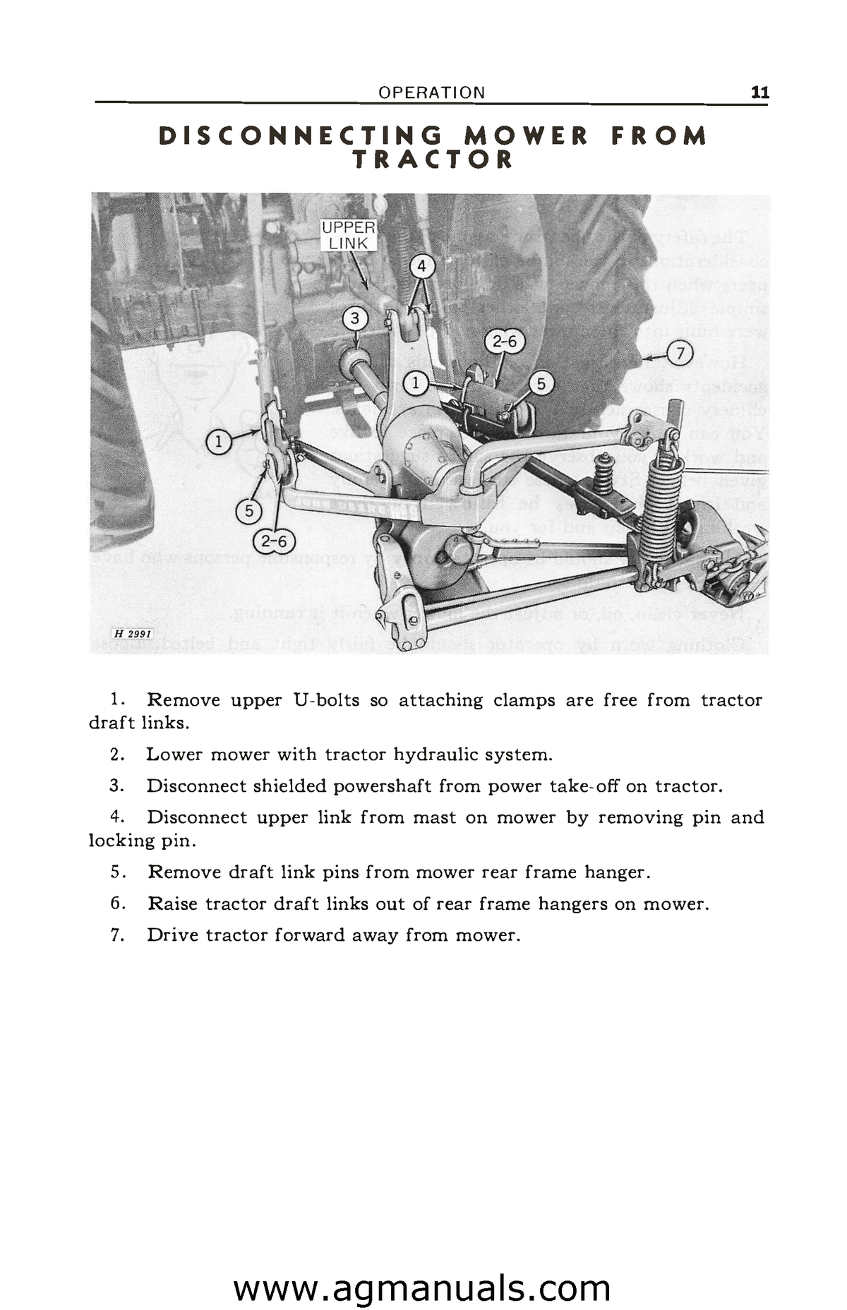 Technical diagram and instructions for disconnecting a mower from a tractor, with labeled parts and text on a white background.