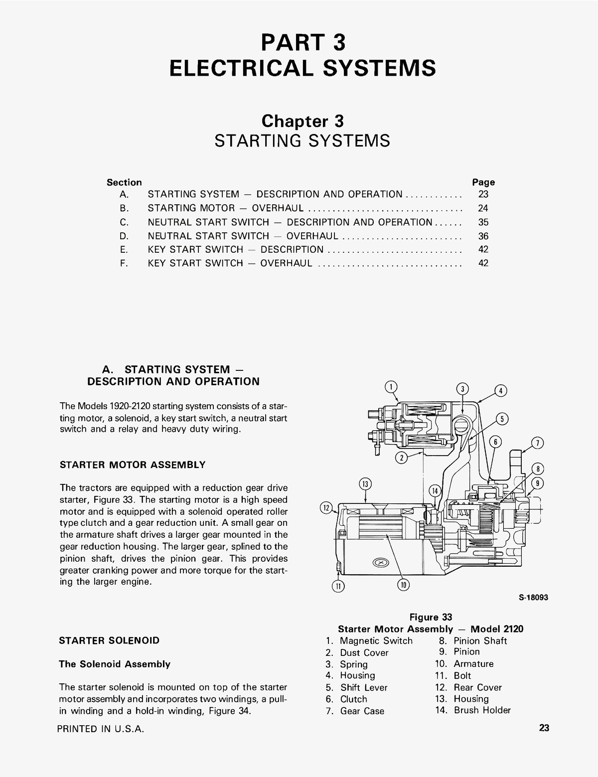 Technical diagram and text on starting systems for an engine, from a repair manual for Ford 1920 & 2120 Tractors