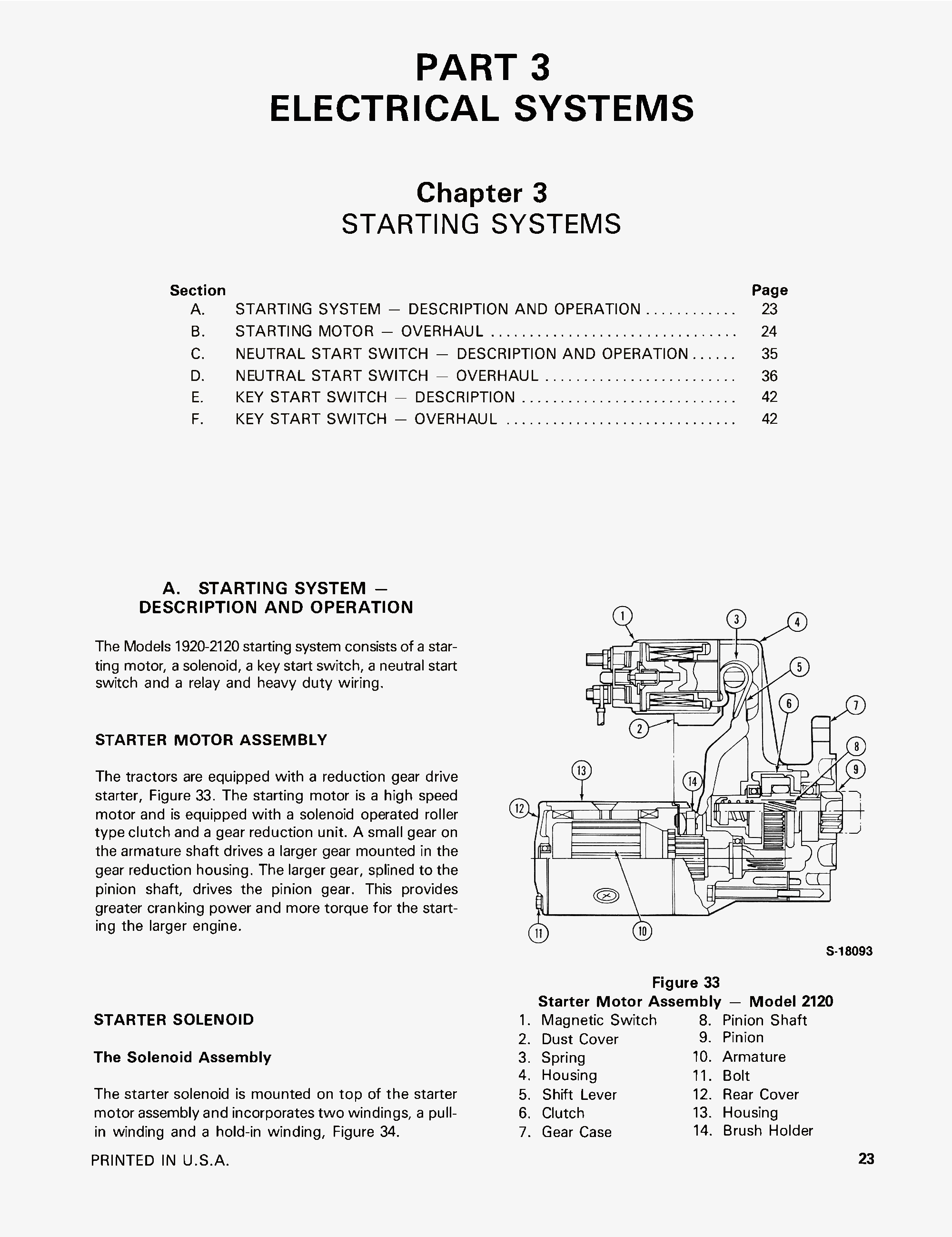 Technical diagram and text on starting systems for an engine, from a repair manual for Ford 1920 & 2120 Tractors