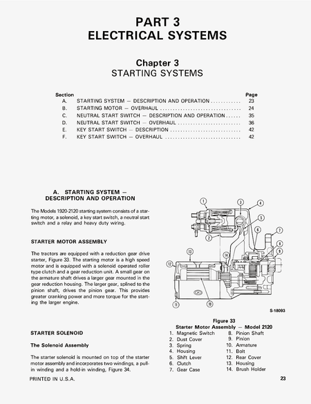 Technical diagram and text on starting systems for an engine, from a repair manual for Ford 1920 & 2120 Tractors