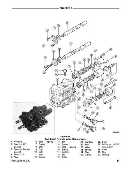 Technical diagram of two spool remote valve components with labeled parts on a Ford 1920 & 2120 Tractors