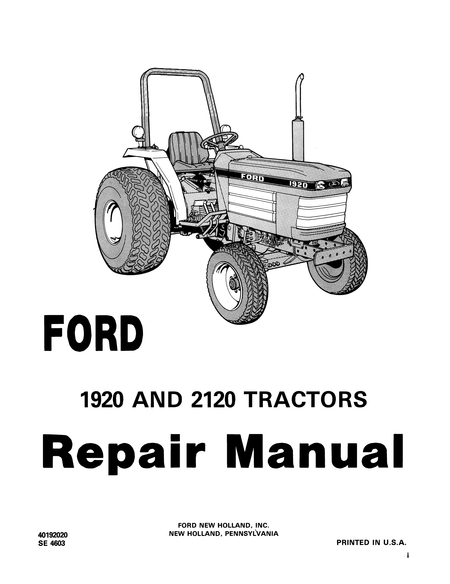 Repair manual for Ford 1920 and 2120 tractors with a black and white illustration of a tractor.
