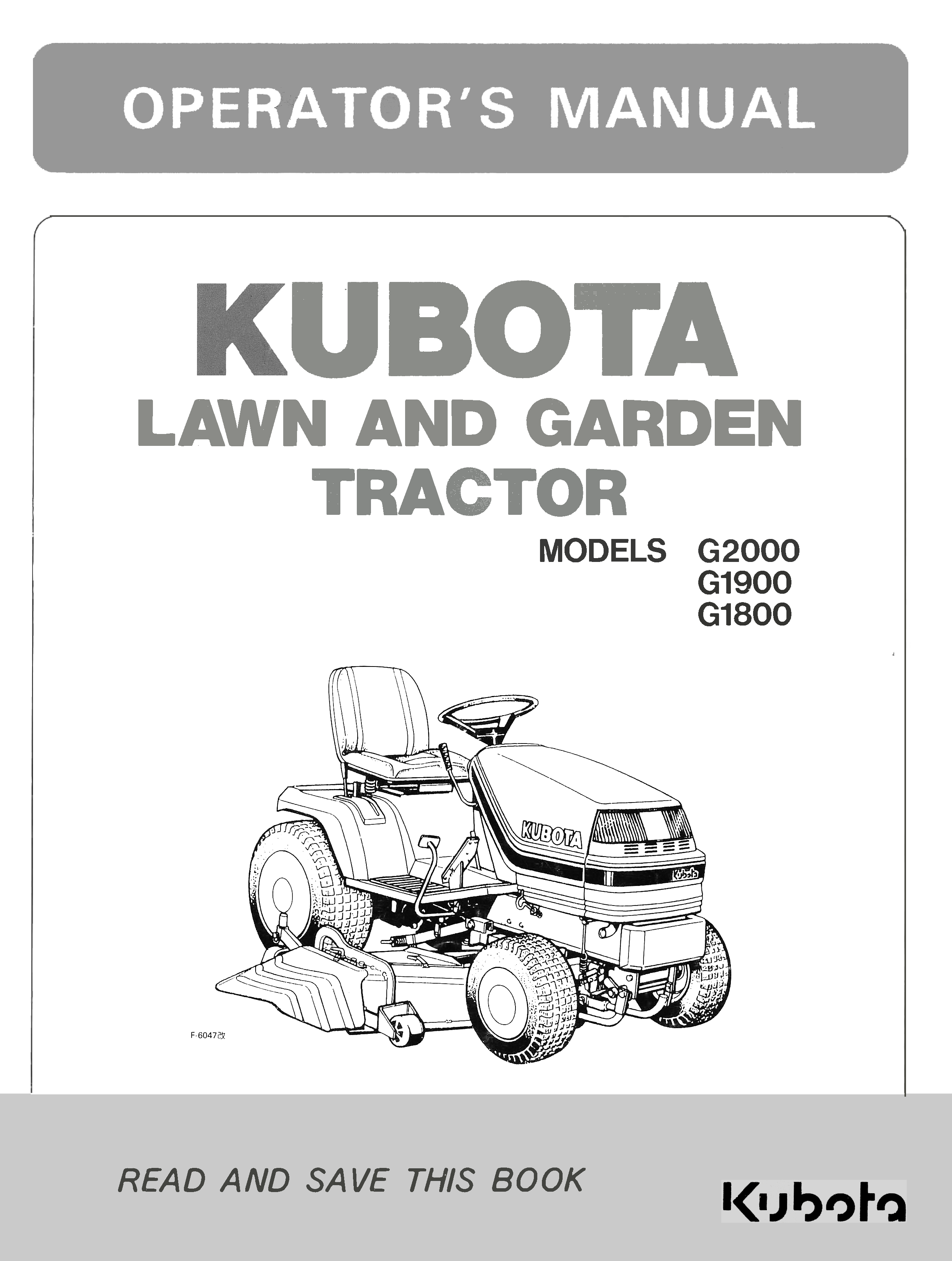 Kubota G2000, G1900, G1800 Lawn Tractor Operator's Manual