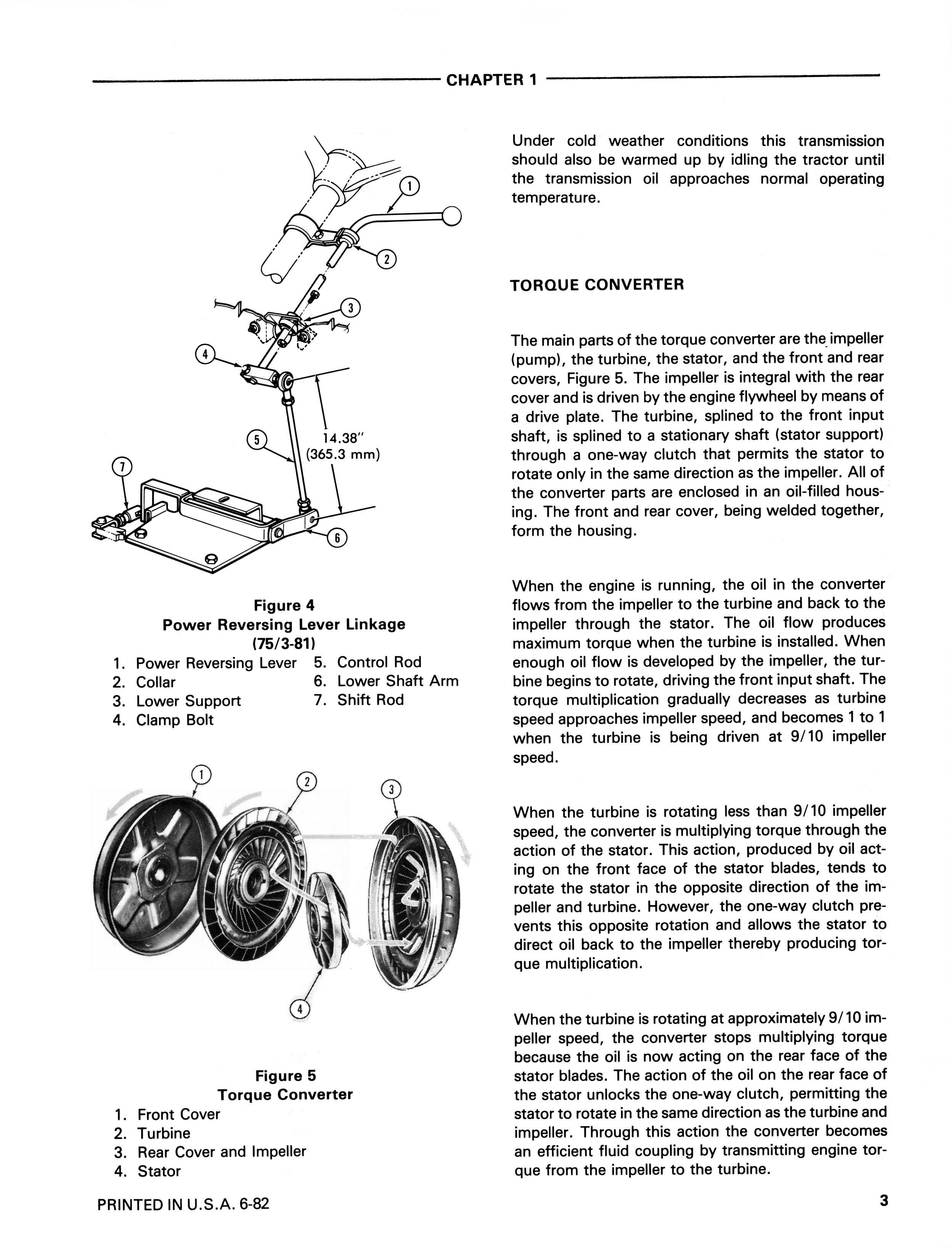 Ford 550 555 TLB manual, showing labeled automotive parts diagrams and explanatory text about the torque converter and power steering linkage.