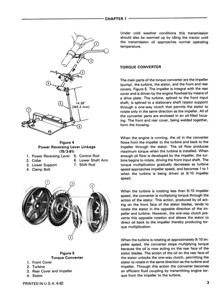 Ford 550 555 TLB manual, showing labeled automotive parts diagrams and explanatory text about the torque converter and power steering linkage.