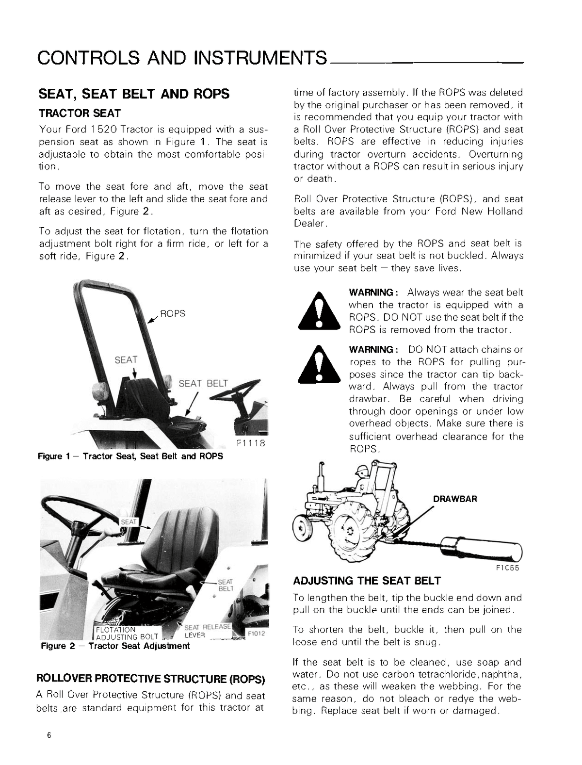 Page from a Ford 1520 Tractor manual detailing tractor seat, seat belt, and rollover protective structure (ROPS) with illustrations and text.