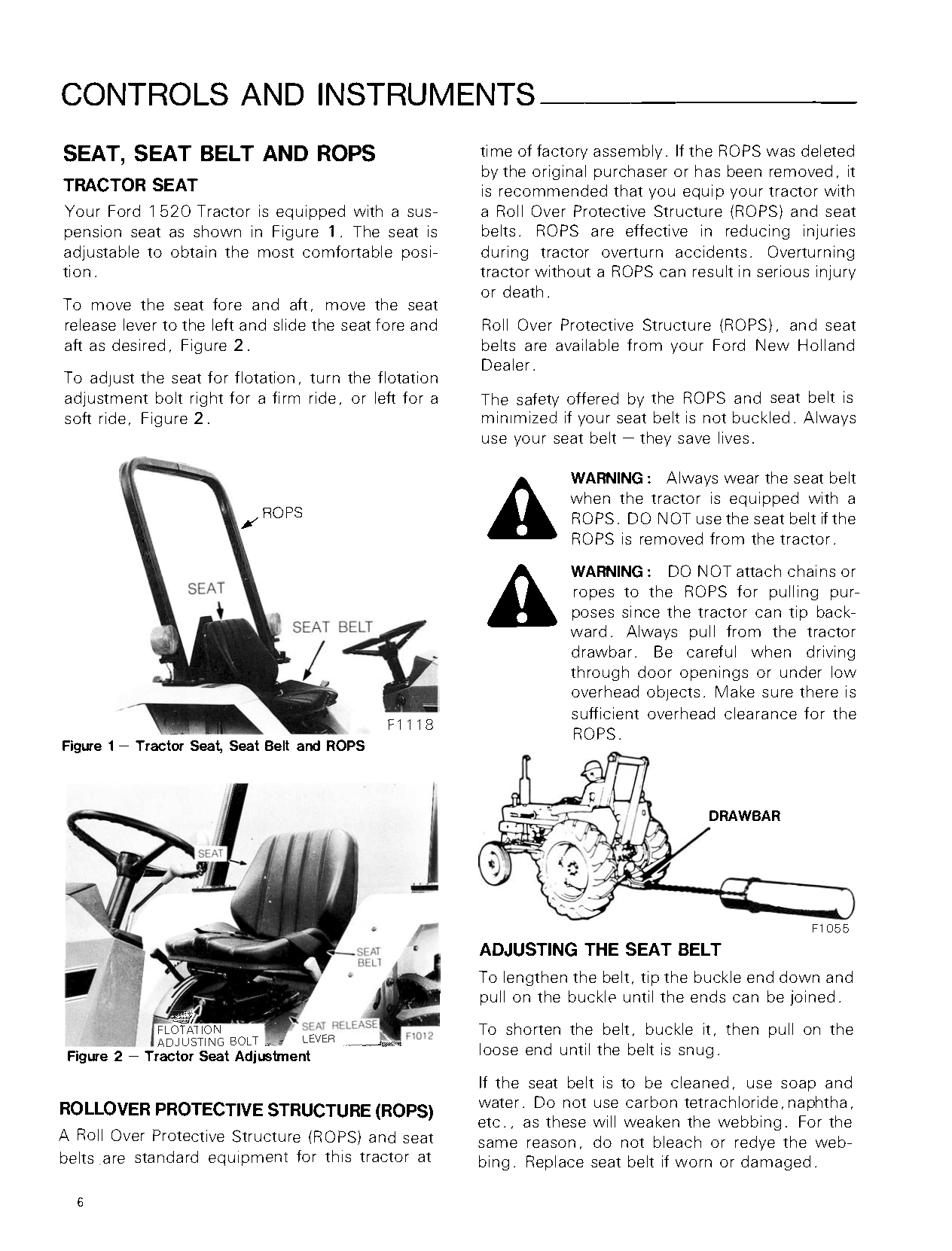 Page from a Ford 1520 Tractor manual detailing tractor seat, seat belt, and rollover protective structure (ROPS) with illustrations and text.