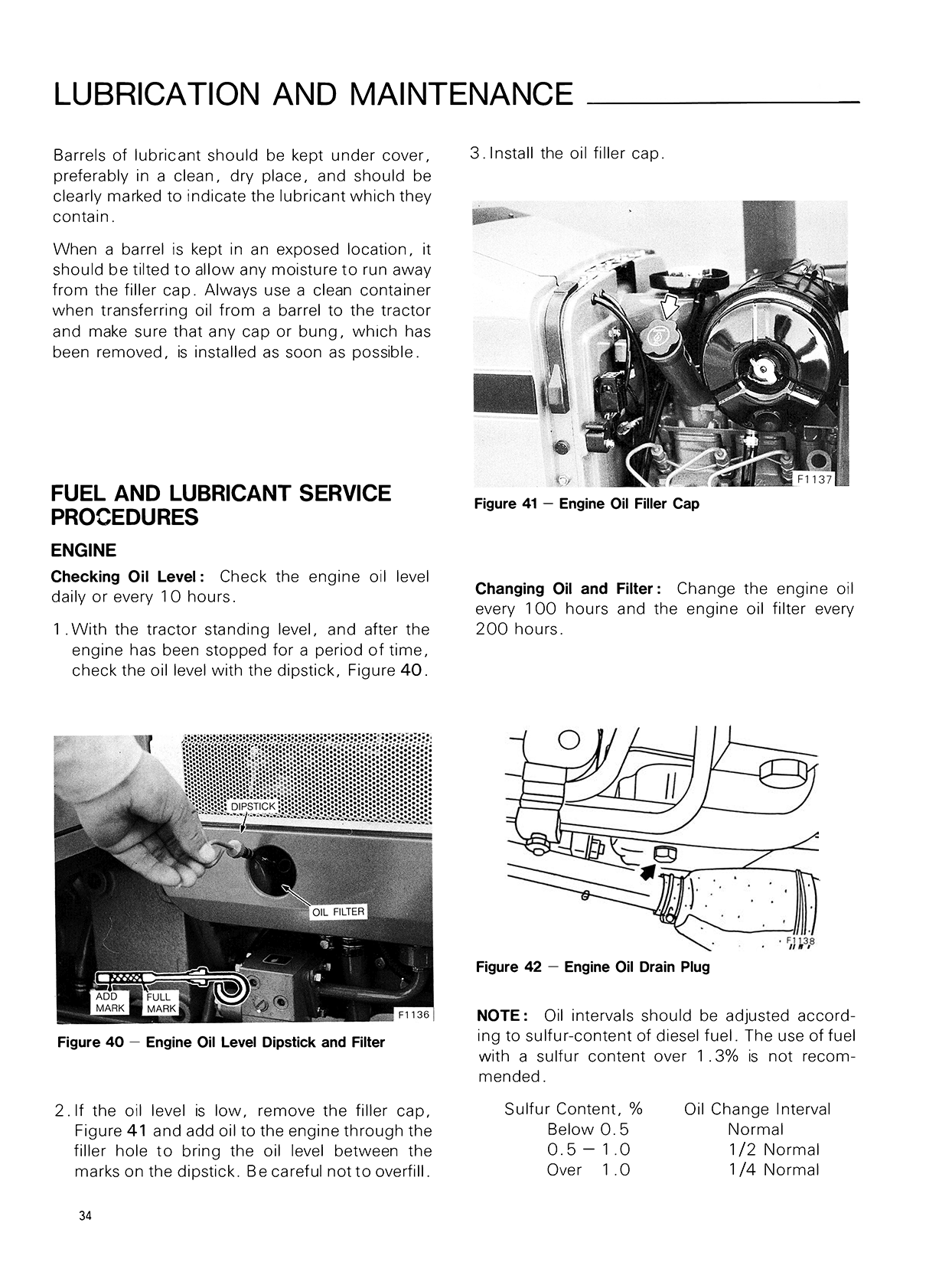Page from a Ford 1520 Tractor manual detailing lubrication and maintenance procedures for an engine.