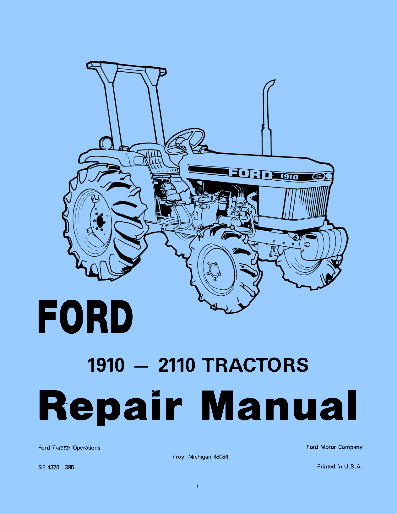 Ford 1910-2110 Tractors Repair Manual cover page on a light blue background, featuring a black line drawing of a tractor and bold black text.