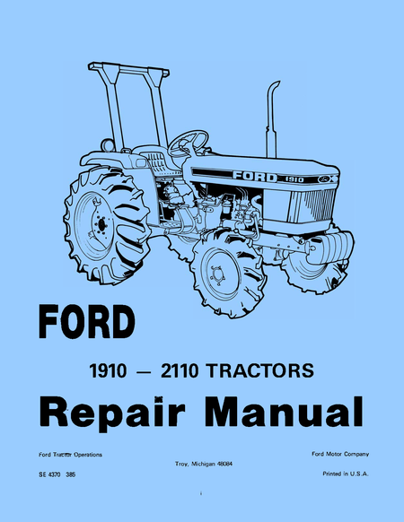 Ford 1910-2110 Tractors Repair Manual cover page on a light blue background, featuring a black line drawing of a tractor and bold black text.