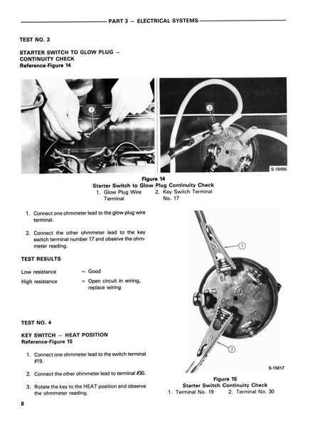 Ford 1910 2110 service manual electrical systems service manual showing diagnostic procedures for a starter switch to glow plug continuity check and key switch heat position check, with black-and-white photos, labeled figures, and step-by-step connection instructions.