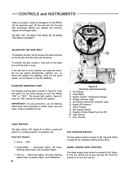 Technical manual page for a Ford 230A, 340A, 445, 530A, 540A & 545 tractor with controls and instruments diagram and text instructions.