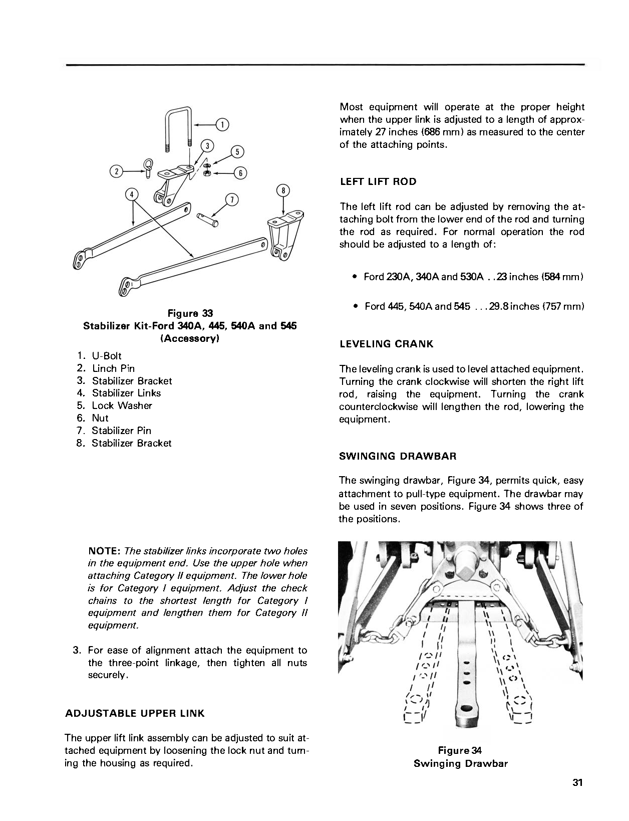 Technical diagram of a stabilizer kit for a Ford 230A, 340A, 445, 530A, 540A & 545 tractor, including parts and assembly instructions.