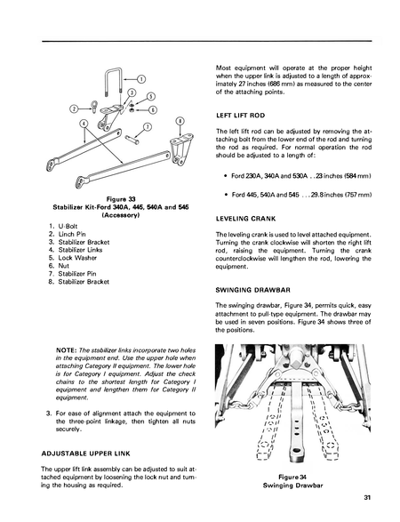 Technical diagram of a stabilizer kit for a Ford 230A, 340A, 445, 530A, 540A & 545 tractor, including parts and assembly instructions.