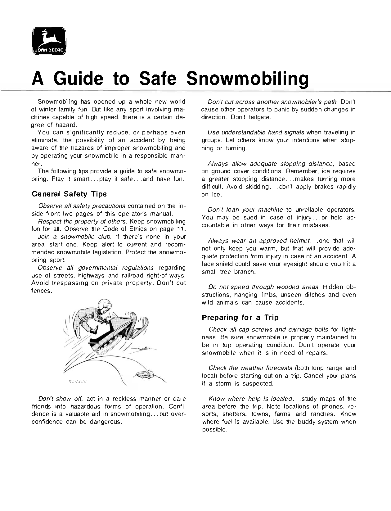 Vintage snowmobiling safety guide with text and a cartoon illustration on a white background