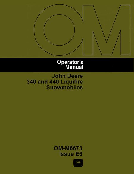 John Deere operator's manual for 340 and 440 liquifire snowmobiles on a green background