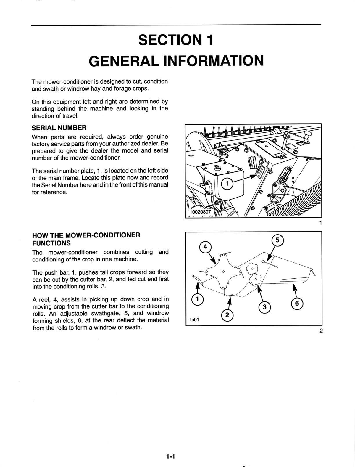 A printed page from an instruction manual with the heading 'SECTION 1 GENERAL INFORMATION,' explanatory text, a serial number location note, and two small line drawings showing the New Holland 488 mower conditioner.
