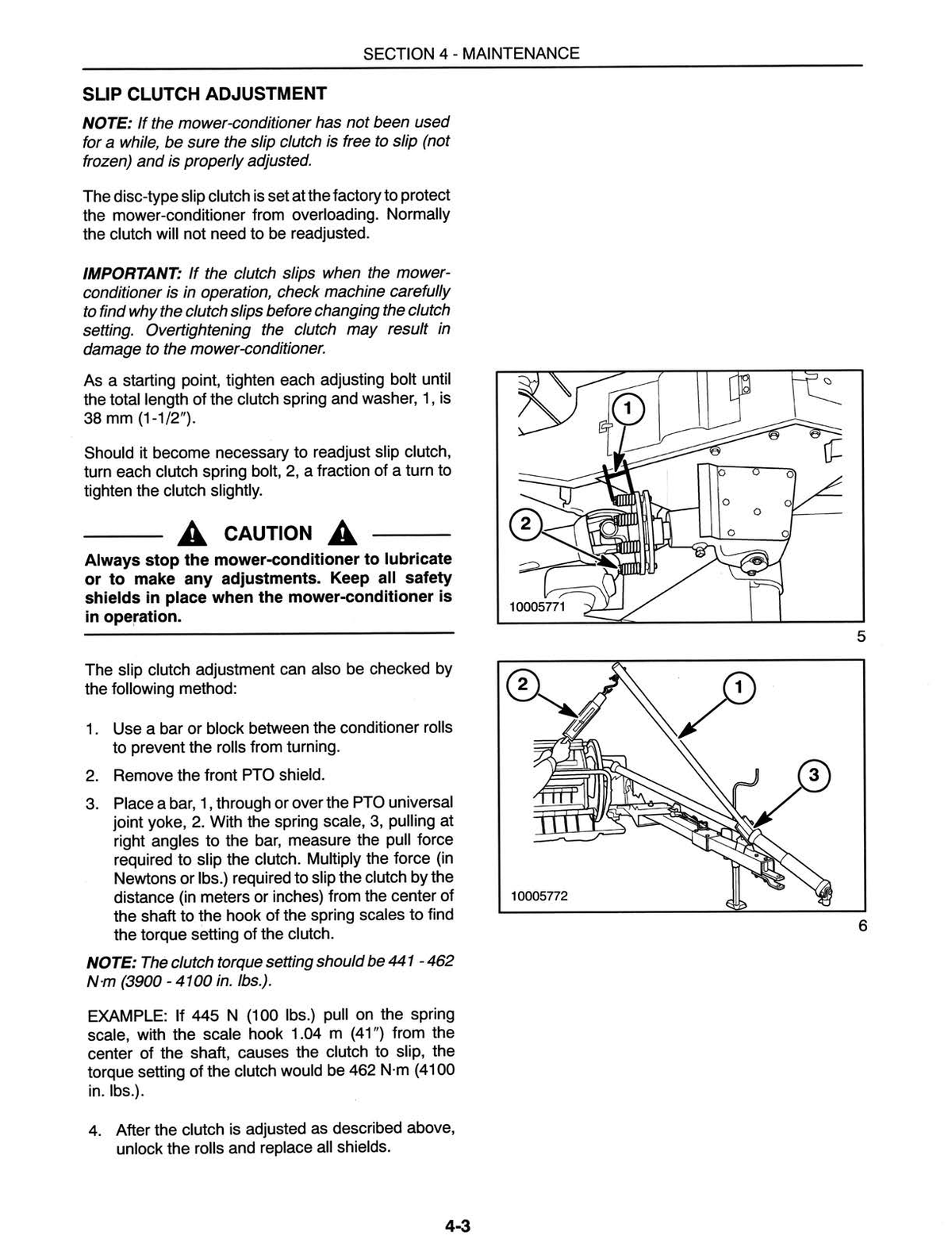 manual page for slip clutch adjustment, showing labeled diagrams, arrows, and numbered steps with maintenance instructions and torque values for a NH 488 mower conditioner.