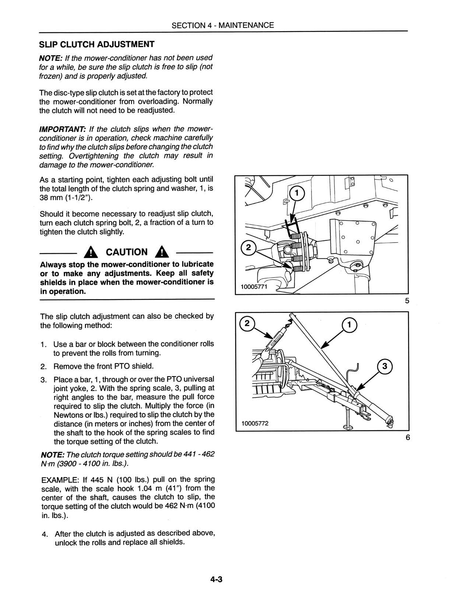 manual page for slip clutch adjustment, showing labeled diagrams, arrows, and numbered steps with maintenance instructions and torque values for a NH 488 mower conditioner.