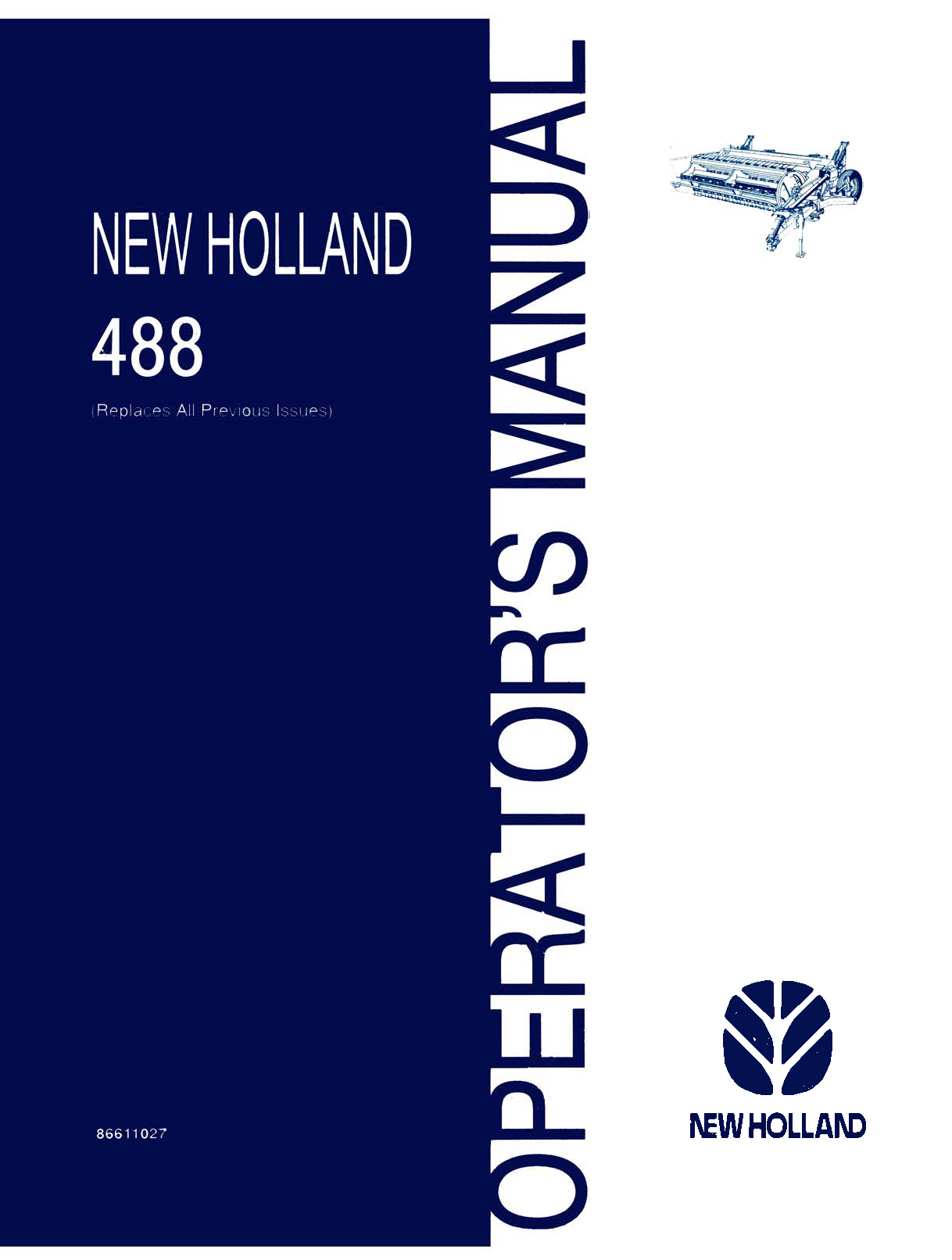 New Holland 488 Operator's Manual cover page with a dark blue left panel, vertical title text on the right, a small technical drawing, and the New Holland logo at the bottom right.