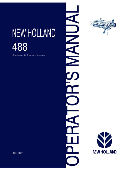 New Holland 488 Operator's Manual cover page with a dark blue left panel, vertical title text on the right, a small technical drawing, and the New Holland logo at the bottom right.