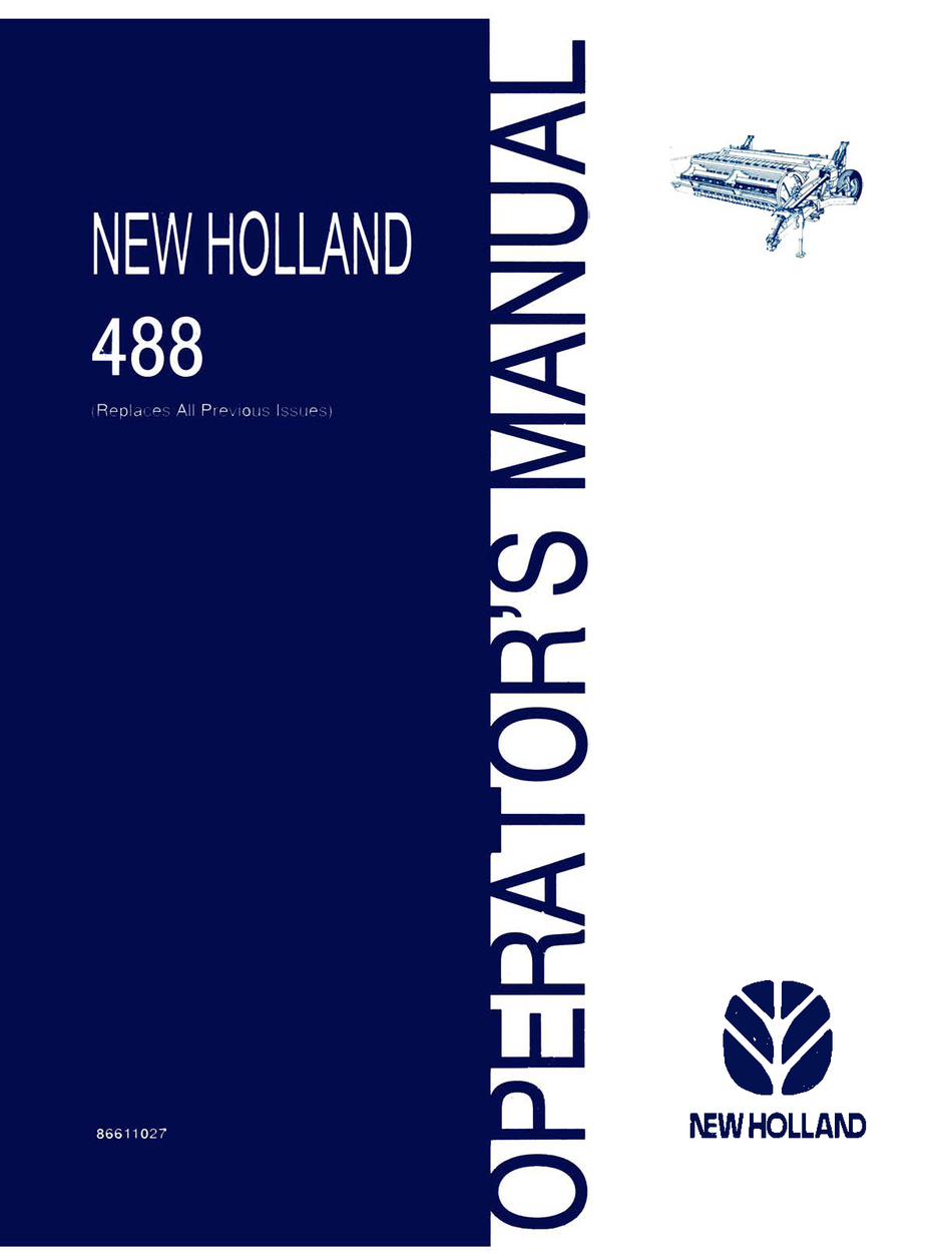 New Holland 488 Operator's Manual cover page with a dark blue left panel, vertical title text on the right, a small technical drawing, and the New Holland logo at the bottom right.
