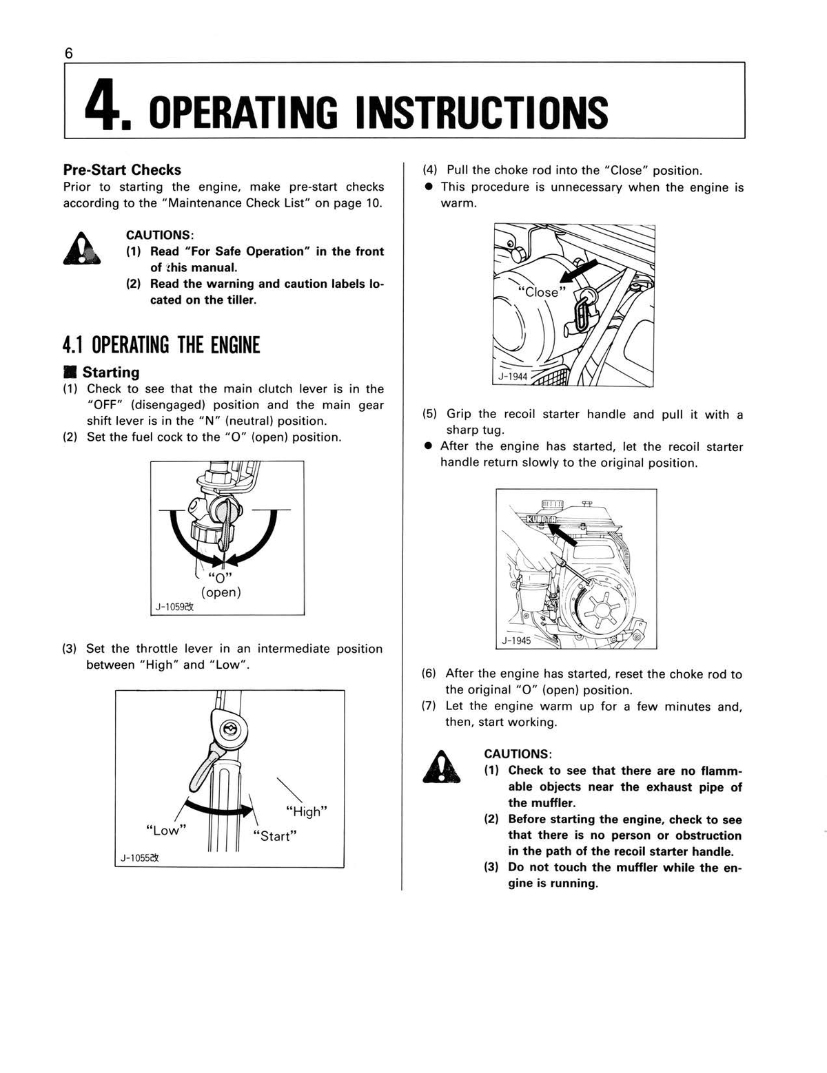 Kubota Tiller AT55 operating manual with the heading '4. Operating Instructions' and several black-and-white diagrams showing how to start and operate an engine.