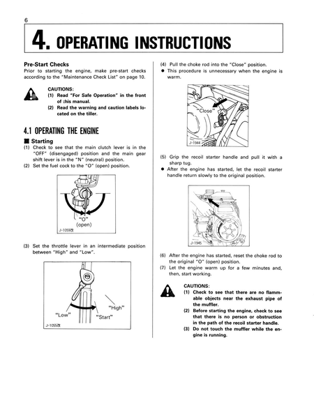 Kubota Tiller AT55 operating manual with the heading '4. Operating Instructions' and several black-and-white diagrams showing how to start and operate an engine.