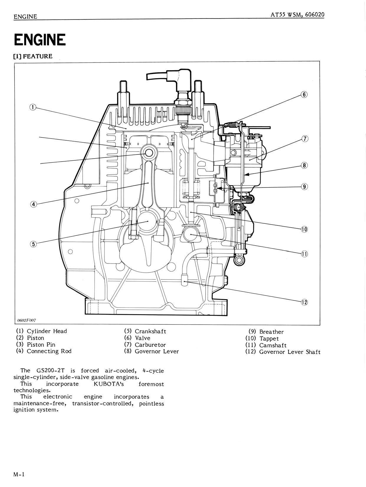 Kubota AT55 Tiller Service Manual technical feature diagram of an engine, showing a labeled cross-sectional schematic with numbered callouts and a small block of descriptive text on a white page.