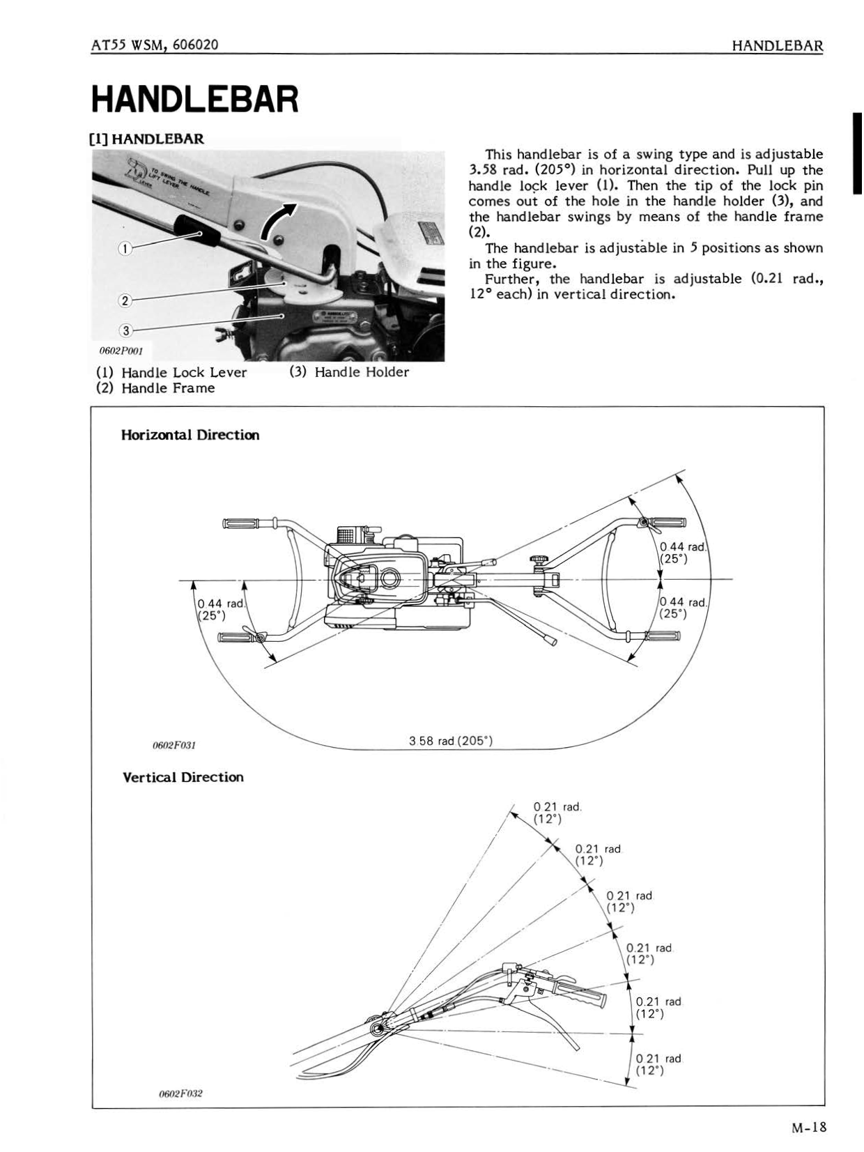 Kubota AT55 Tiller Service Manual technical service manual page for a handlebar, showing labeled parts with photos and dimension diagrams for horizontal and vertical adjustment angles.