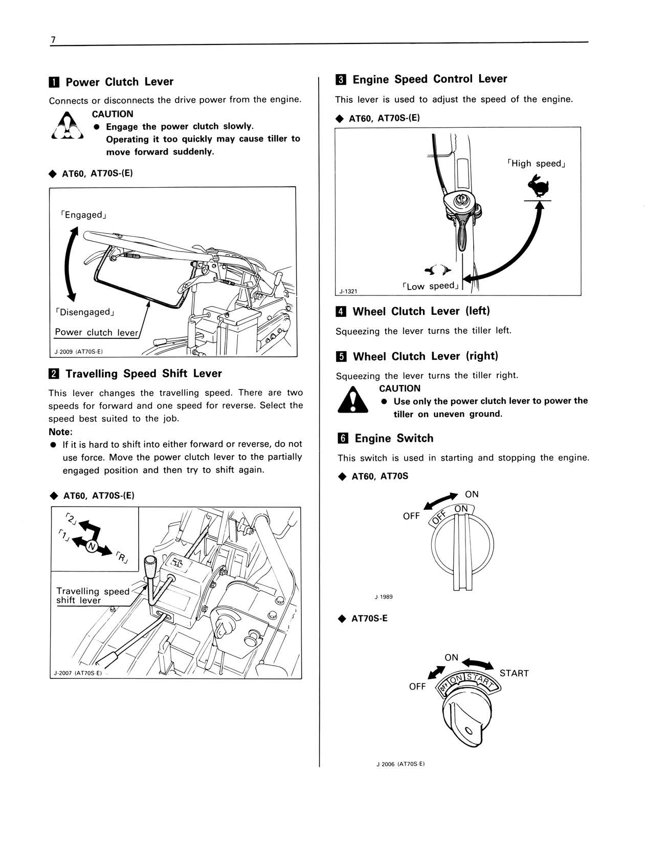 A black and white technical service manual Kubota AT60 AT70S tiller showing diagrams and labels for power clutch lever, engine speed control lever, travelling speed shift lever, wheel clutch lever, and engine switch.