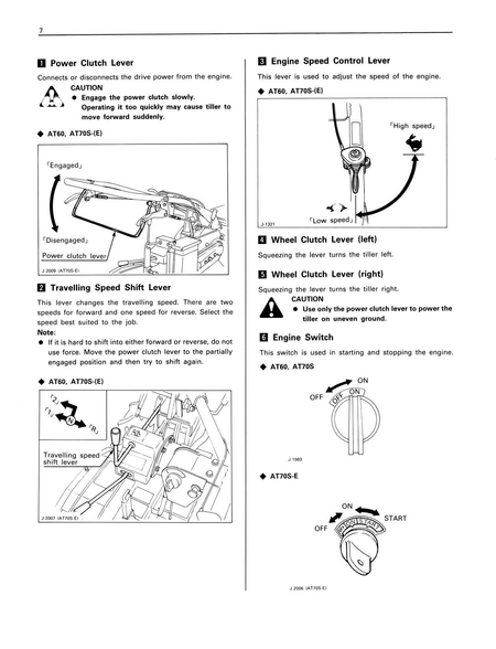 A black and white technical service manual Kubota AT60 AT70S tiller showing diagrams and labels for power clutch lever, engine speed control lever, travelling speed shift lever, wheel clutch lever, and engine switch.