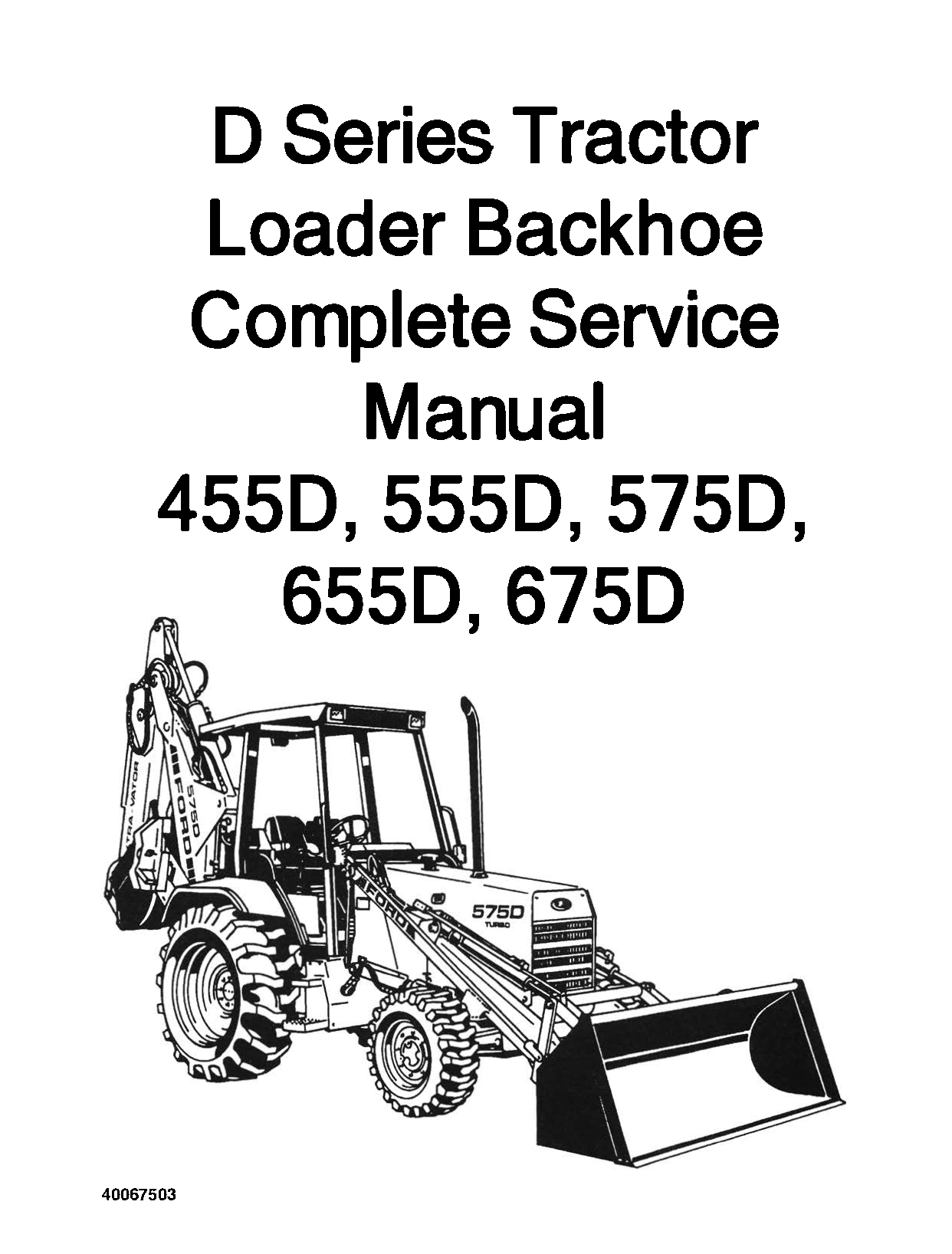 Service manual cover for D Series Tractor Loader Backhoe with a diagram of a backhoe on a white background.