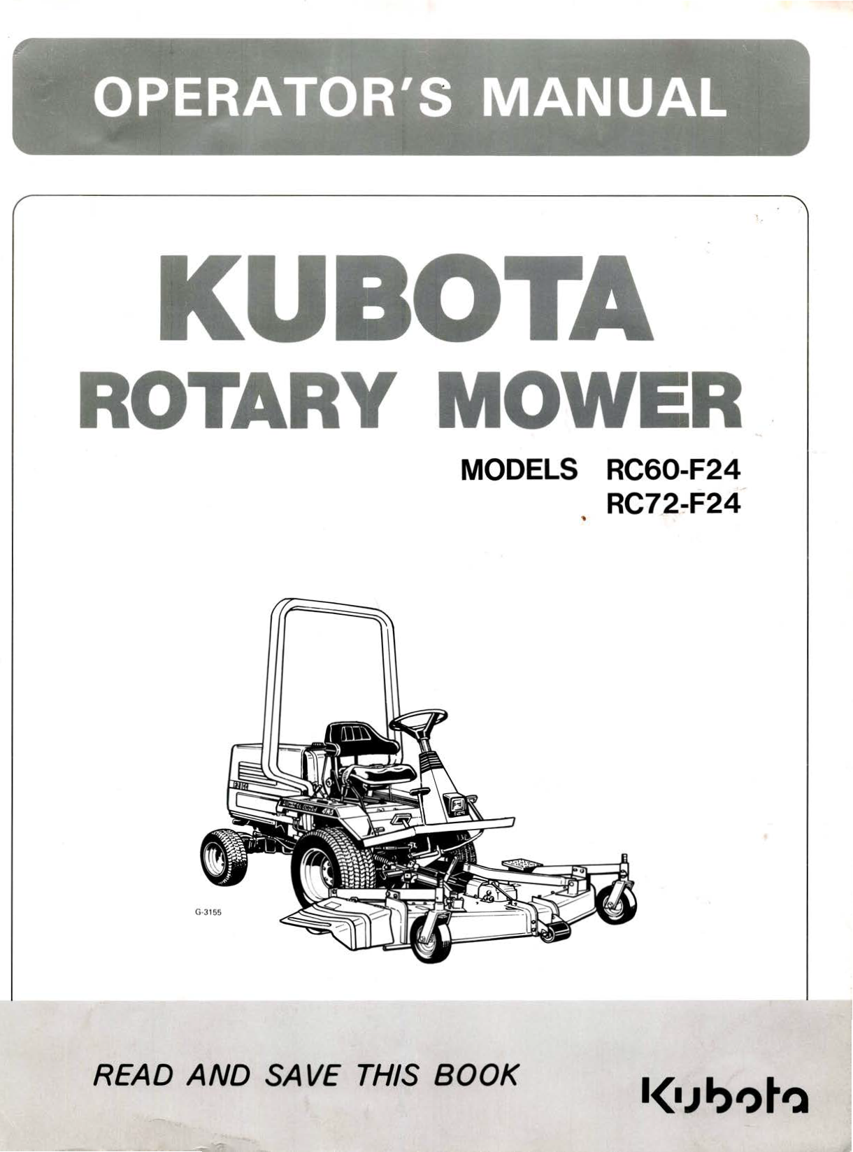 Front cover of a Kubota Rotary Mower operator's manual, showing the title 'OPERATOR'S MANUAL' and 'KUBOTA ROTARY MOWER' with model numbers RC60-F24 and RC72-F24, plus a black-and-white line drawing of the mower.