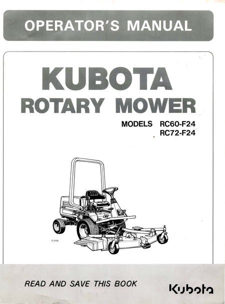 Front cover of a Kubota Rotary Mower operator's manual, showing the title 'OPERATOR'S MANUAL' and 'KUBOTA ROTARY MOWER' with model numbers RC60-F24 and RC72-F24, plus a black-and-white line drawing of the mower.