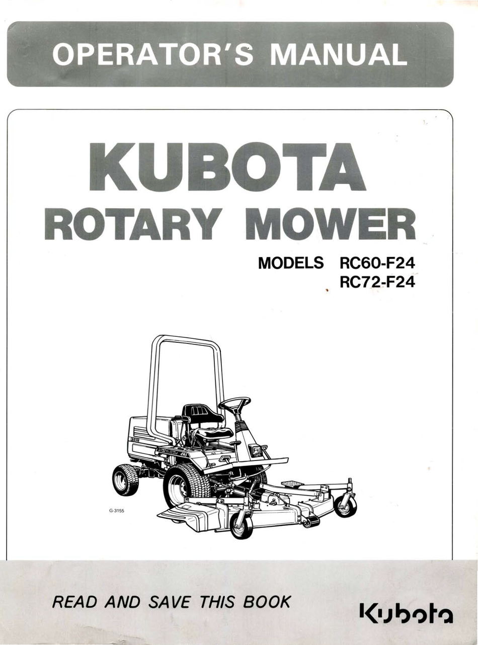 Front cover of a Kubota Rotary Mower operator's manual, showing the title 'OPERATOR'S MANUAL' and 'KUBOTA ROTARY MOWER' with model numbers RC60-F24 and RC72-F24, plus a black-and-white line drawing of the mower.