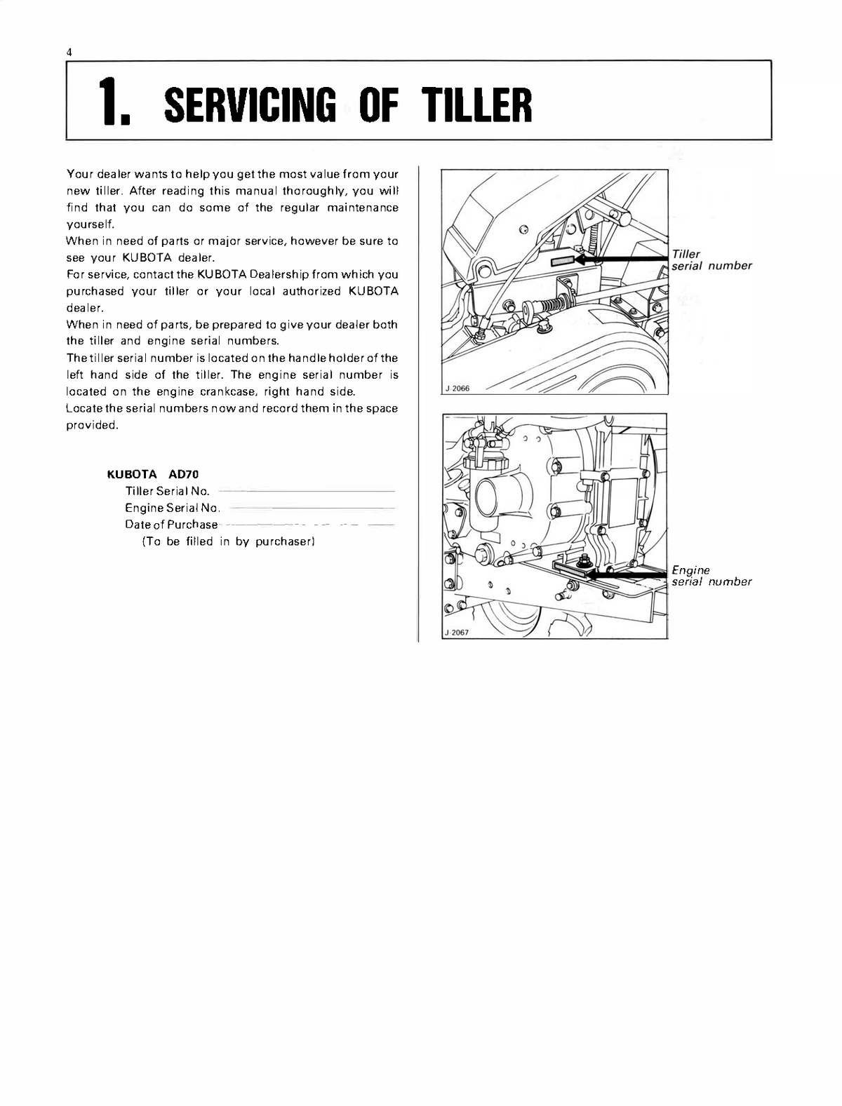 A scanned page from a Kubota Kubota AD70 Tiller Operator's Manual PDF Download, titled '1. SERVICING OF TILLER', containing text instructions and technical diagrams of a tiller's engine components.