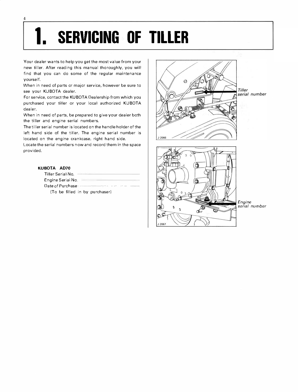 A scanned page from a Kubota Kubota AD70 Tiller Operator's Manual PDF Download, titled '1. SERVICING OF TILLER', containing text instructions and technical diagrams of a tiller's engine components.