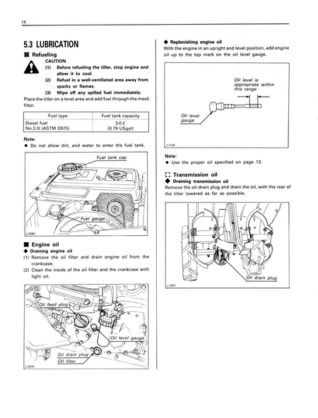 A page from a Kubota AD70 Tiller Operator's Manual PDF Download service manual showing lubrication and oil-related instructions, including diagrams, notes, and step-by-step guidance for refueling, engine oil, and transmission oil.