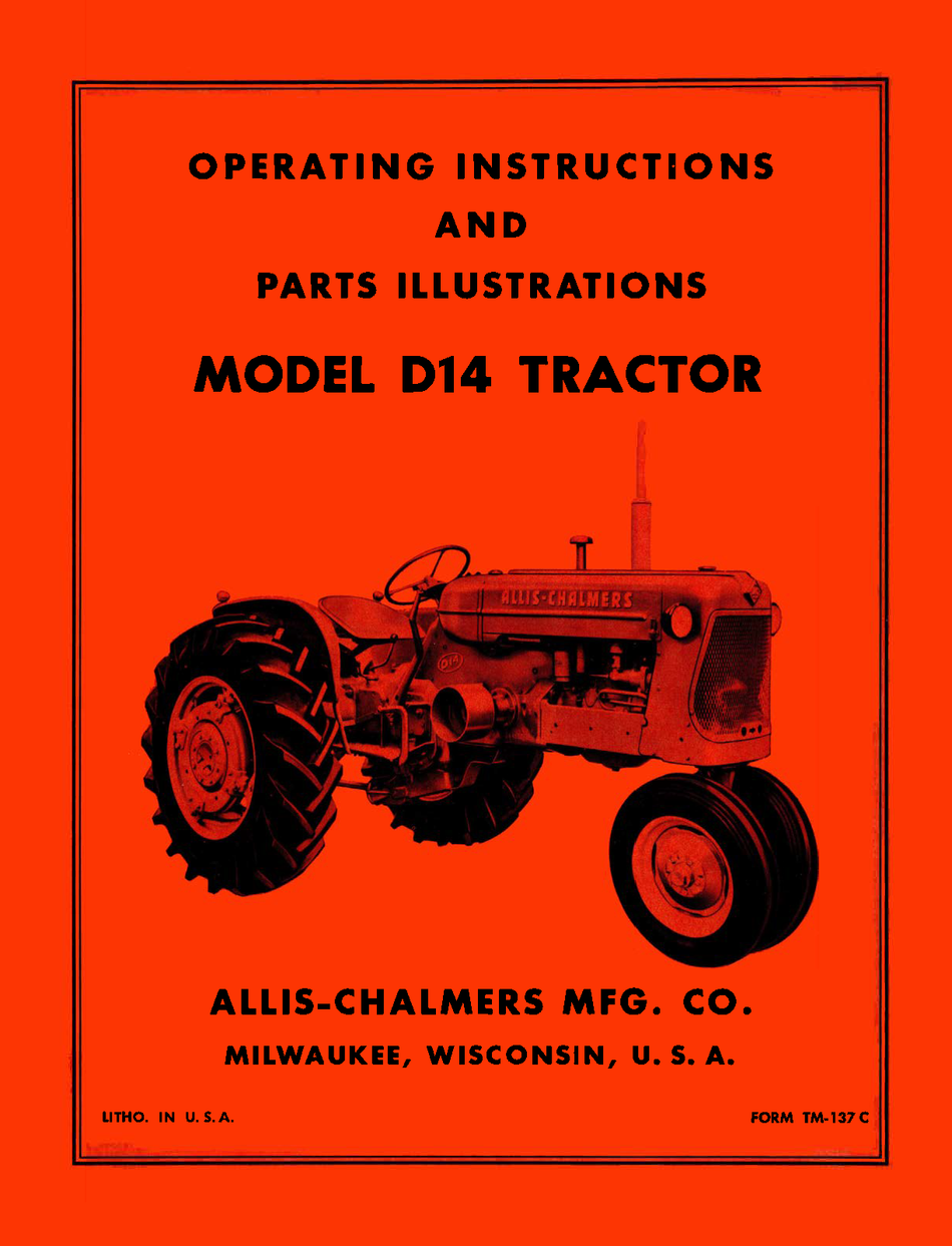 Operating instructions and parts illustrations for an Allis-Chalmers Model D14 Tractor on an orange background
