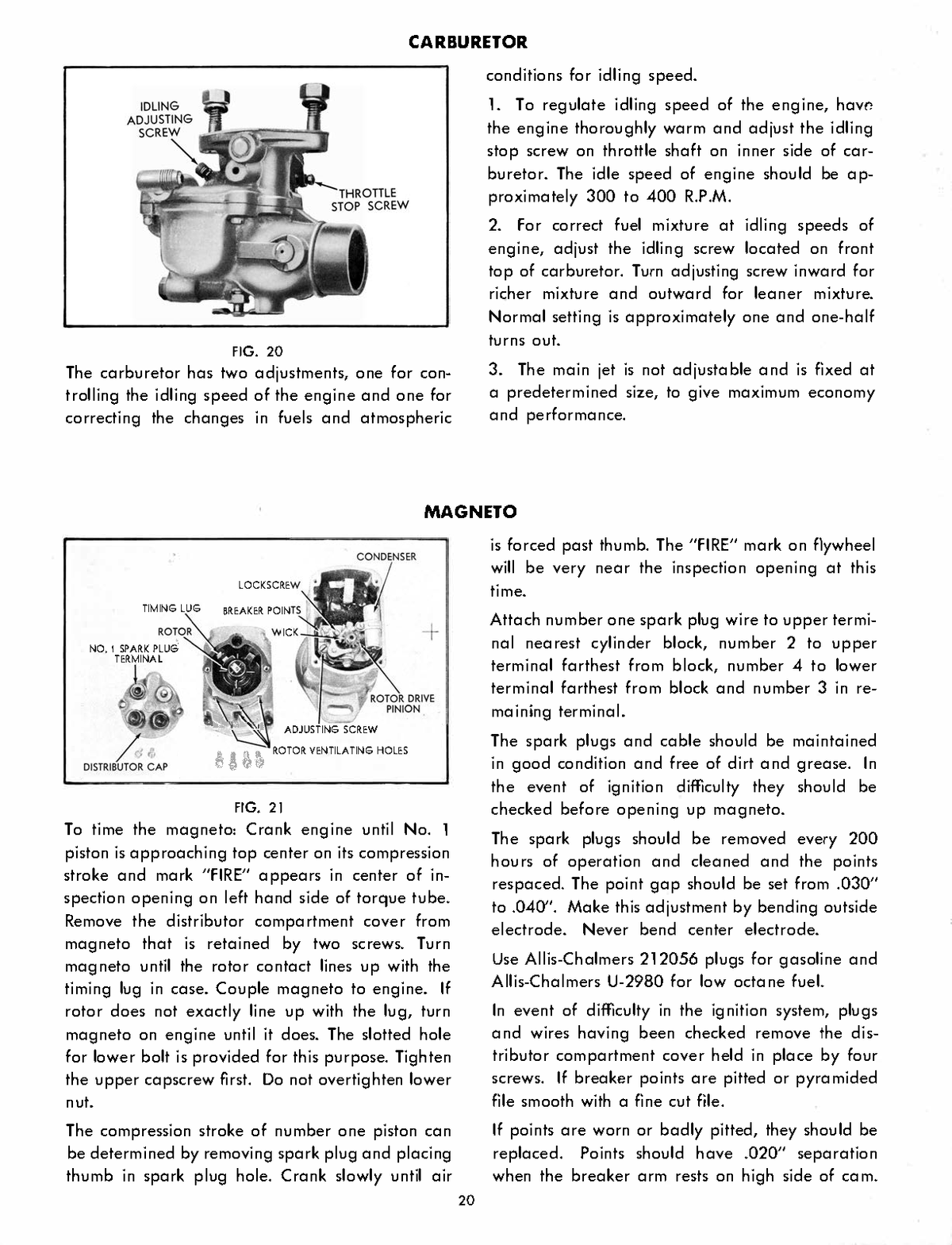 Technical manual for an Allis-Chalmers Model B Tractor with carburetor and magneto systems with diagrams and text.