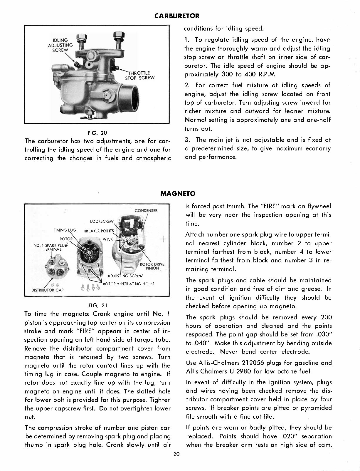 Technical manual for an Allis-Chalmers Model B Tractor with carburetor and magneto systems with diagrams and text.