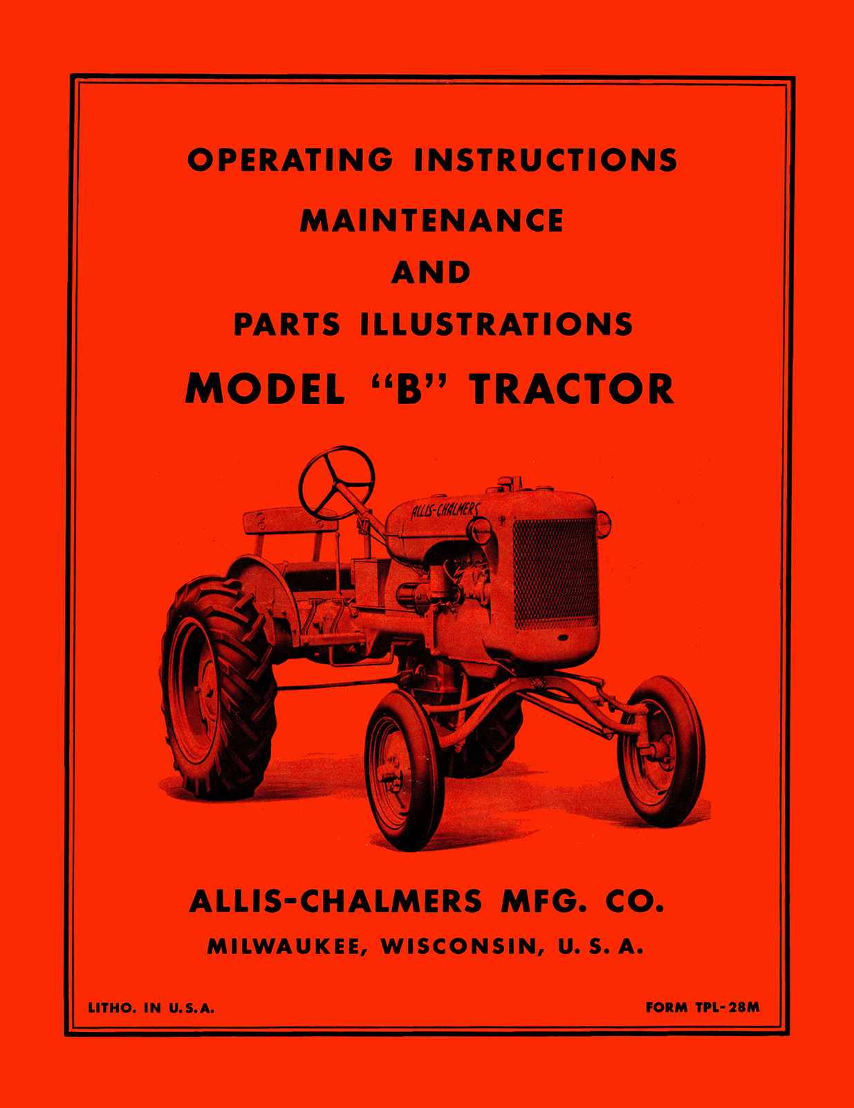 Vintage Allis-Chalmers Model 'B' Tractor manual cover with text and illustration on a red background.