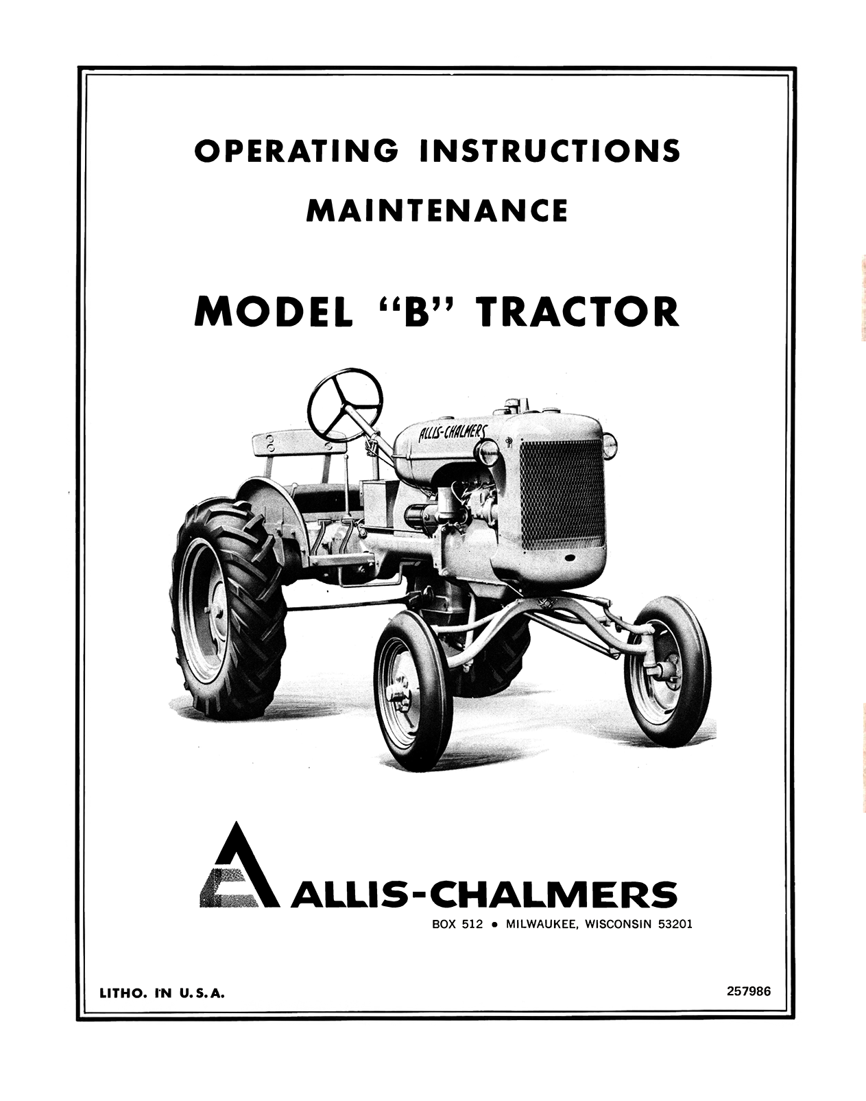Allis-Chalmers Model 'B' Tractor operating instructions and maintenance manual cover.