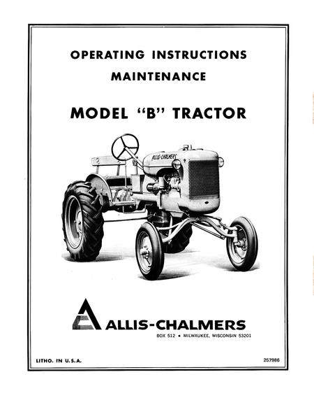 Allis-Chalmers Model 'B' Tractor operating instructions and maintenance manual cover.