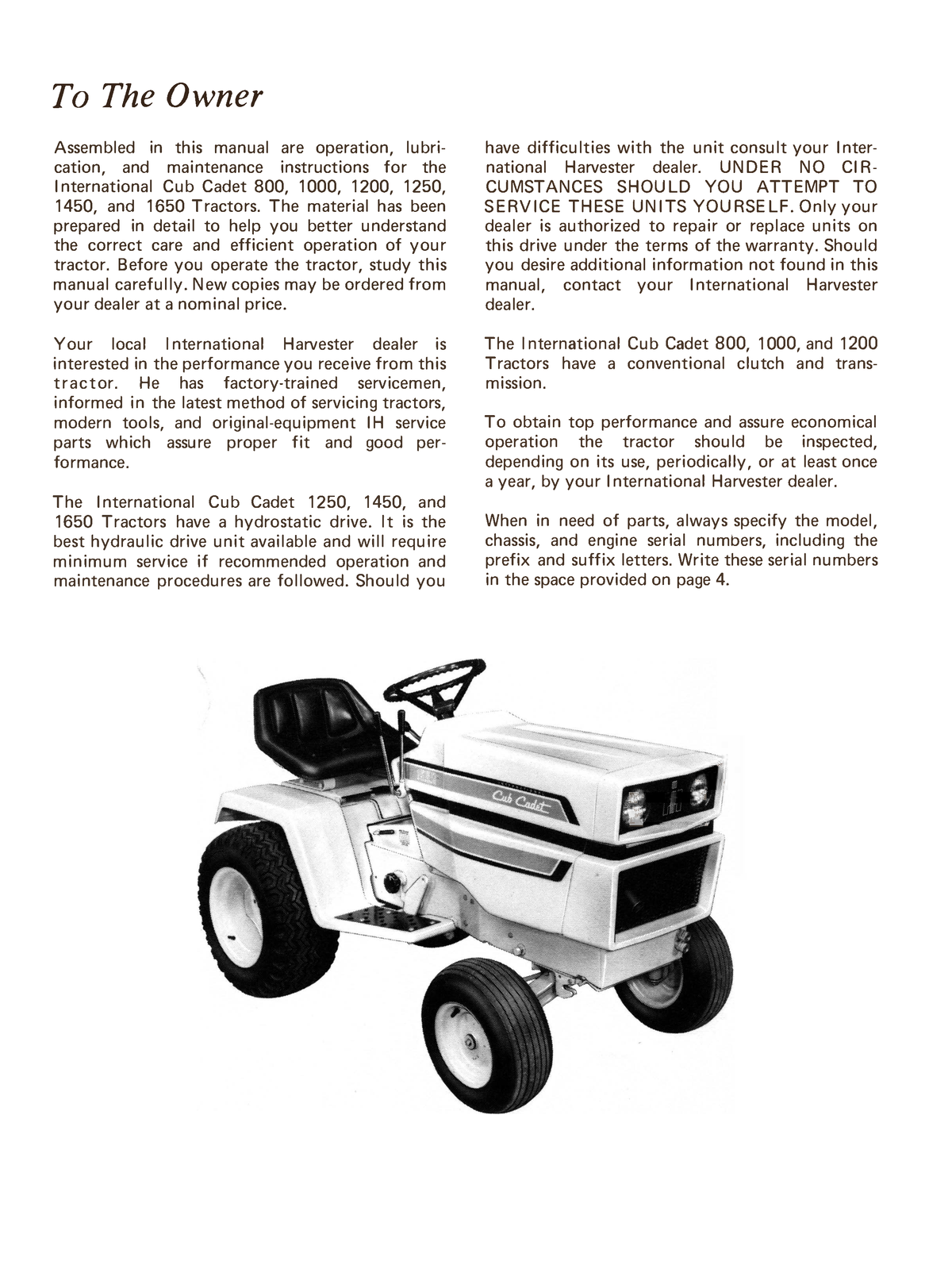 International Cub Cadet 800, 1000, 1200, 1250, 1450, 1650 Tractor & Mowers Operator's Manual